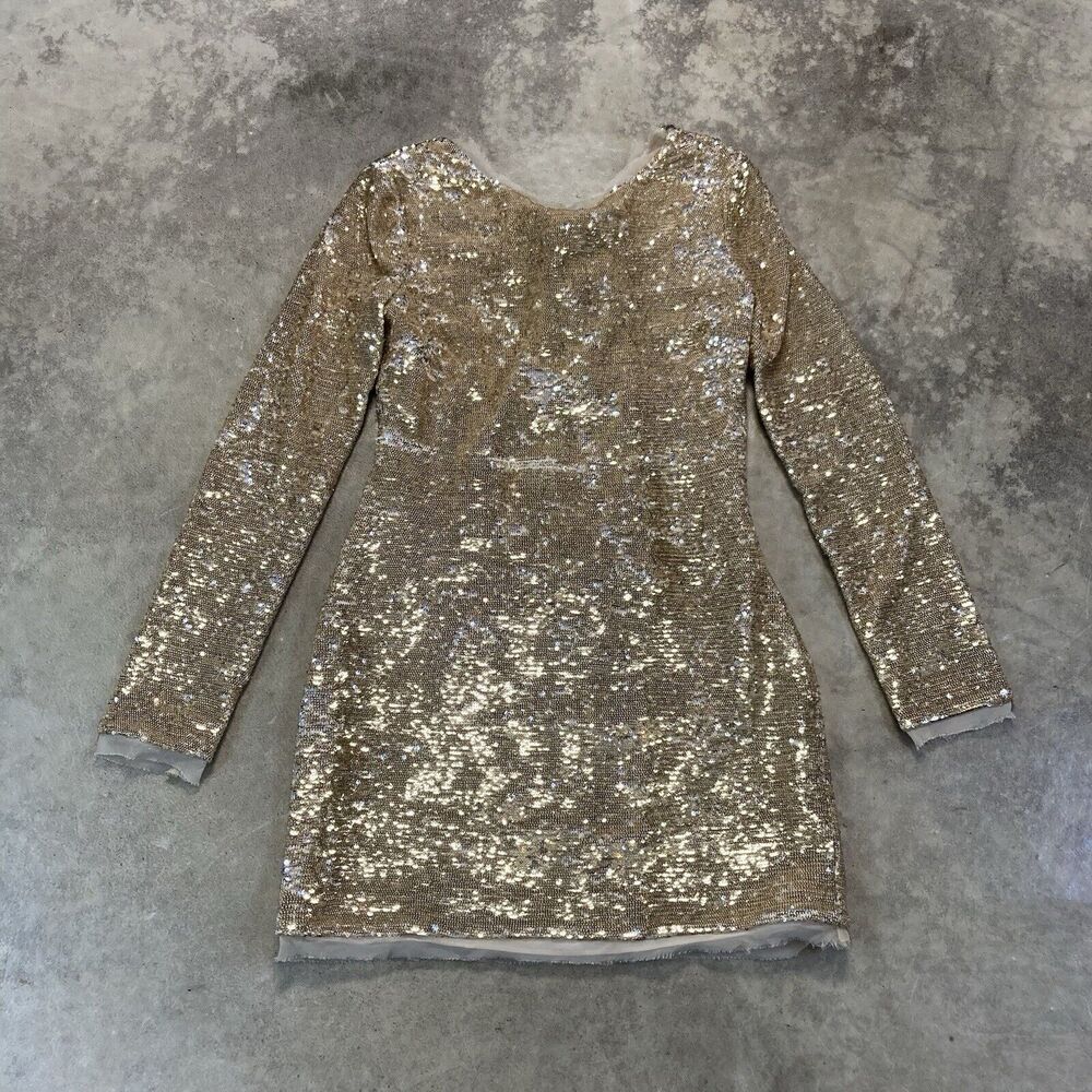 Rachel Zoe Dress Womens 0 Gold Sequin Long Sleeve Bodycon Mini Tie Back